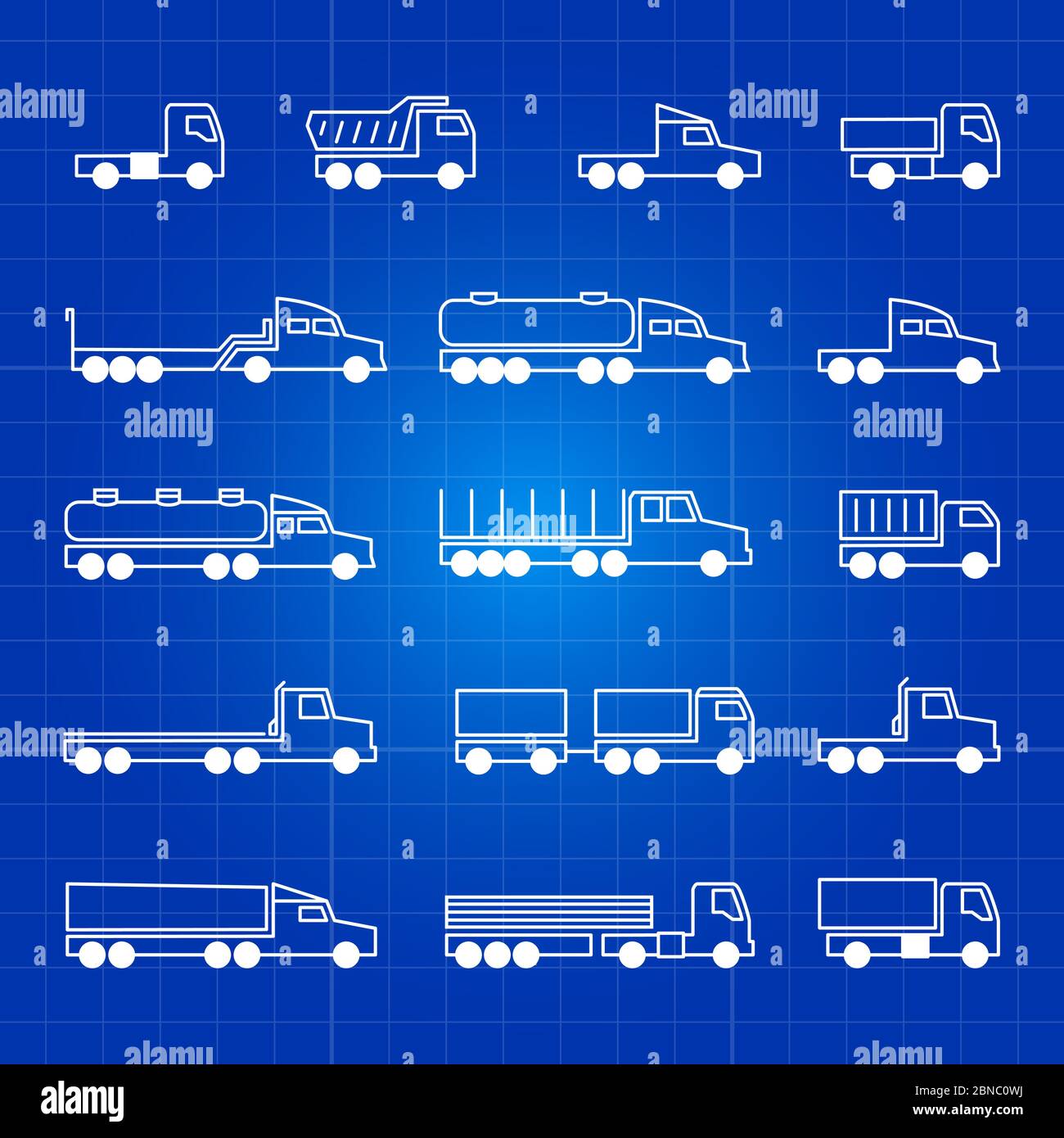Weiße Symbole für die LKW-Linie. Transport Vektor Kontur isolierte Symbole in blauen Hintergrund Illustration Stock Vektor
