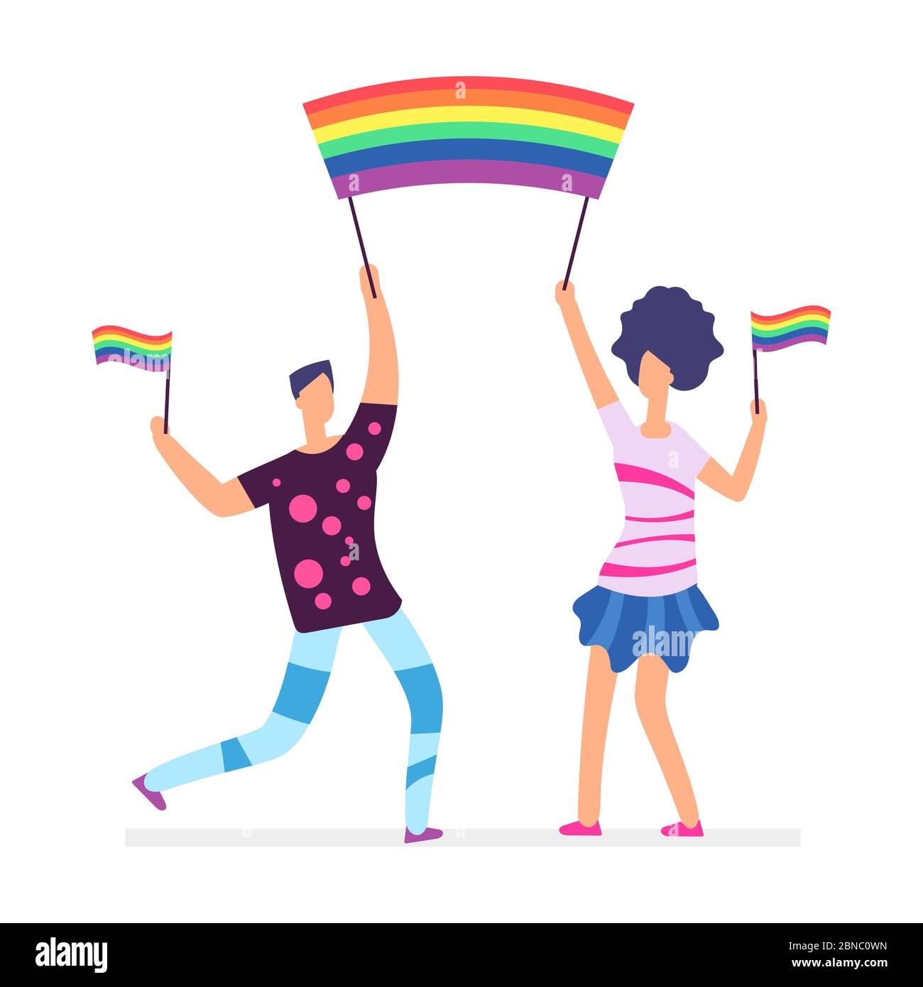 LGBT-Parade. Menschen mit Regenbogenfahnen. Mann und Frau Vektor-Charakter isoliert auf weißer Illustration Stock Vektor