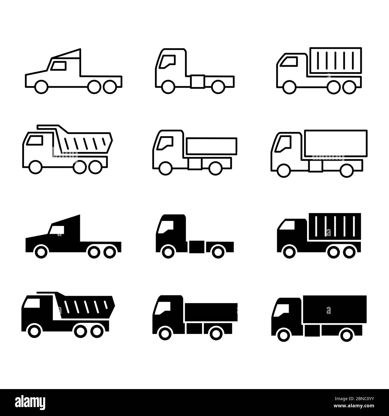 Symbole für die Silhouette und Linie des Staplers. Schifffahrt, Frachttruks, Müllcontainer und Transporter isoliert auf weißem Hintergrund. Vektorgrafik Stock Vektor