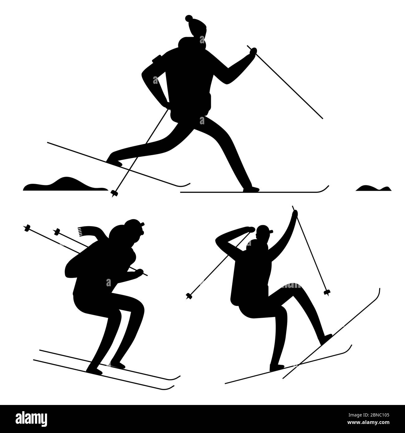 Skier Menschen schwarze Silhouetten isoliert auf weißem Hintergrund. Vector Ski Silhouette Sport Menschen, Illustration von Athleten Laufen und Springen auf Ski Stock Vektor