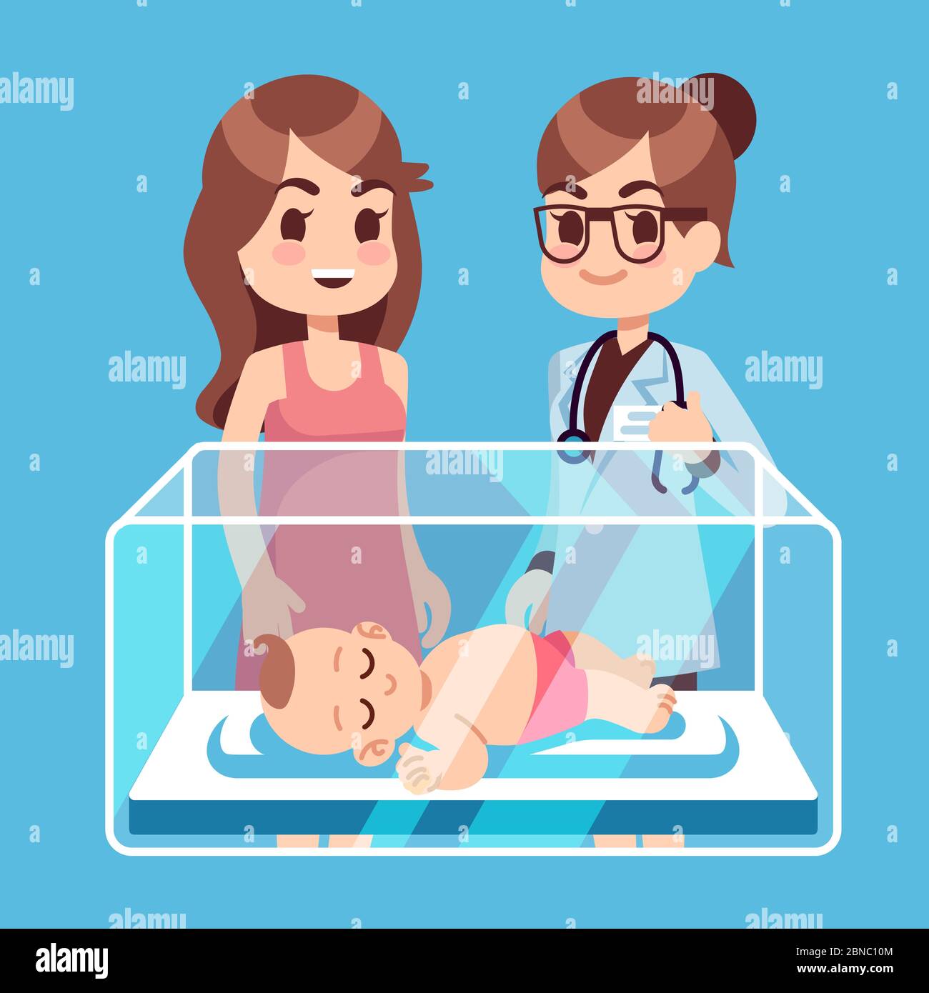 Kinderarzt Arzt, Mutter mit kleinen Neugeborenen Baby, Kleinkind in Inkubator Box im Krankenhaus. Vektorgrafik Stock Vektor