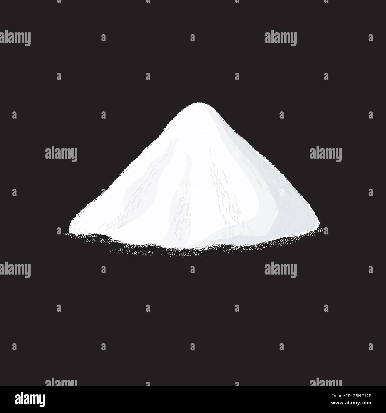 Salzhaufen. Weißer Zucker Pulver Haufenvektor Illustration auf schwarzem Hintergrund. Puderhaufen natürlich, Salz oder Soda Stock Vektor