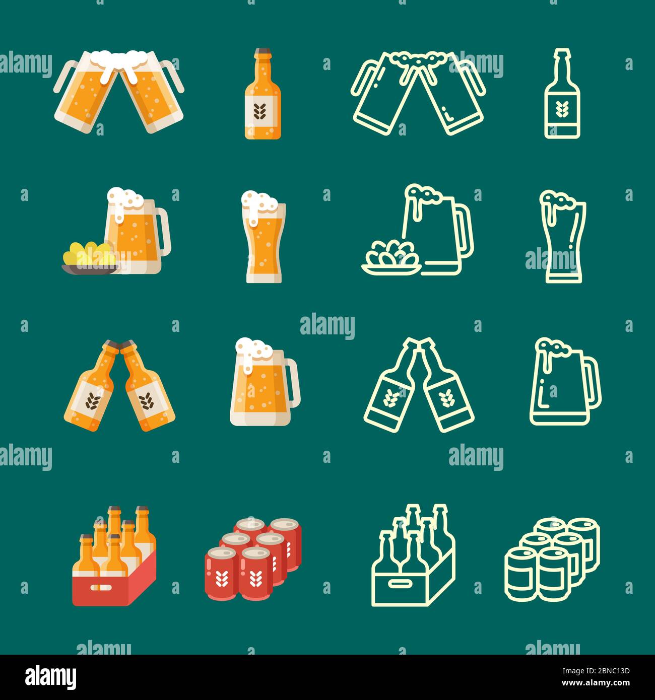 Serviert Bier moderne flache und Linie Vektor-Symbole. Abbildung von Getränk Bier Flasche und Bank umreißen Stock Vektor