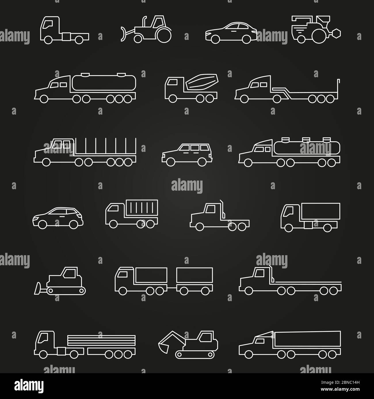 LKW, Autos, Baumaschinen weiße Linie Symbole auf schwarz isoliert gesetzt. Vektorgrafik Stock Vektor