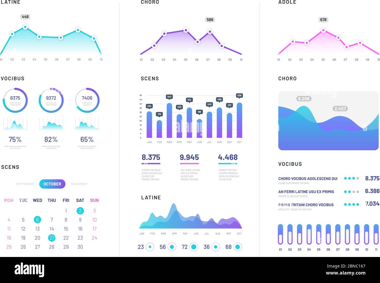 UI-Dashboard. Moderne Infografik mit Gradientenfinanzgraphen, Statistik-Diagramm und Säulendiagrammen. Analyse Internet Vektor Bericht. Abbildung von Diagramm und Diagramm, Grafik und Infografik Stock Vektor