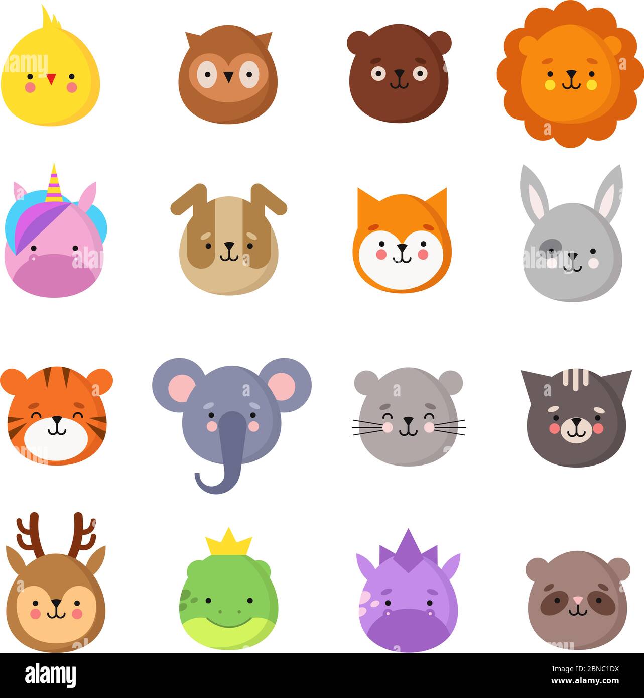 Tiere Manga lächelt. Süße Kawaii Baby Tier Emoticons. Einhorndrache, Elefantentiger, Löwe und Eule. Lustige Avatare Vektor isoliert gesetzt. Illustration von Tier Hund und Küken, Eule und Bär Stock Vektor