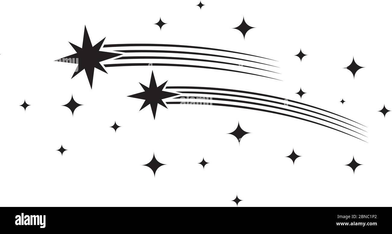 Sterne mit Pfaden. Kometen schwarze Silhouetten. Sternschießen und Sternenstaub, Raketenspur Vektor Illustration. Trail Schwanz Stern, Silhouette von Feuerwerk, Asterisk Gruppe Stock Vektor