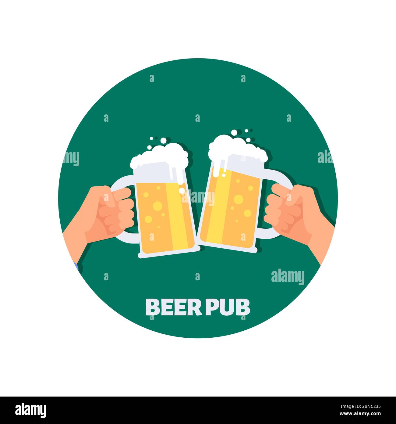 Vektorgrafik Bierstube mit Symbolen. Zwei Hände halten Biergläser. Illustration von Bier trinken, Pub-Emblem Stock Vektor