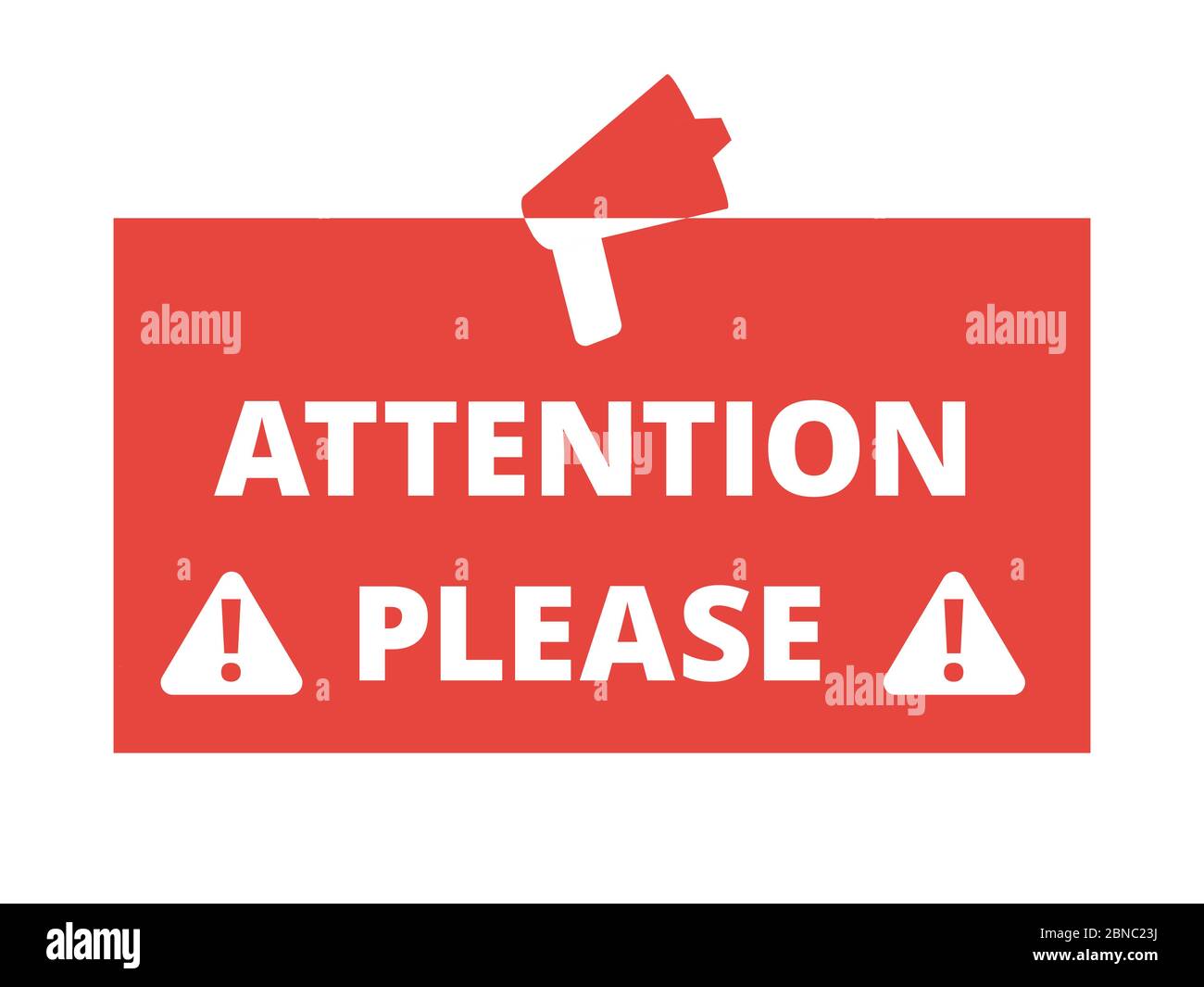 Achtung bitte rotes Abzeichen oder Banner mit Megaphon Vektor-Illustration isoliert auf weißem Hintergrund Stock Vektor