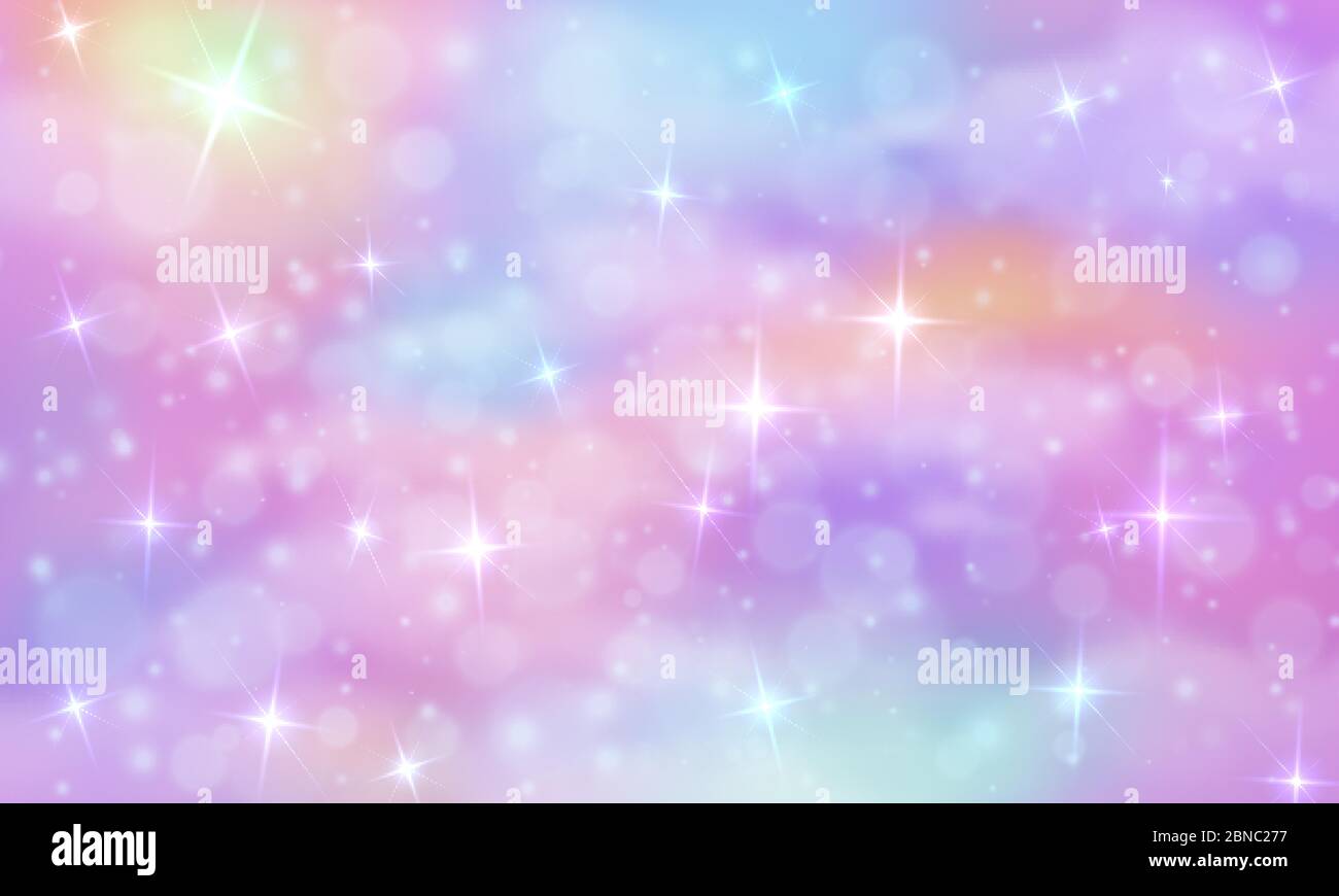 Unicorn Fantasy Hintergrund. Regenbogen Himmel mit glitzernden Sternen. Abstrakte Galaxie, Meerjungfrau Prinzessin Marmor Vektor magische Textur. Universum kosmische holographische Muster Illustration Stock Vektor