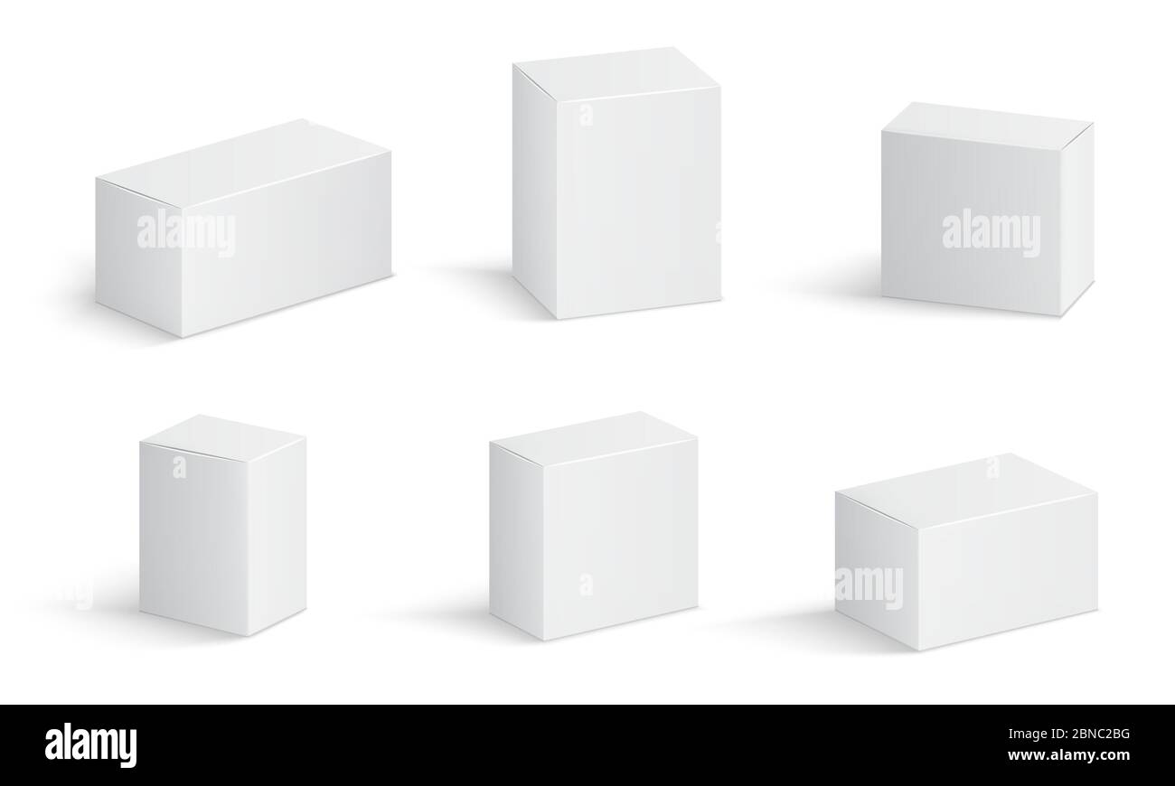 Weiße Pappkartons. Blank Medizin Paket in verschiedenen Größen. Medizinische Produkt quadratische Box 3d Vektor isoliert Mockups. Container-Paket, Karton, Mockup Kompaktblock Illustration Stock Vektor