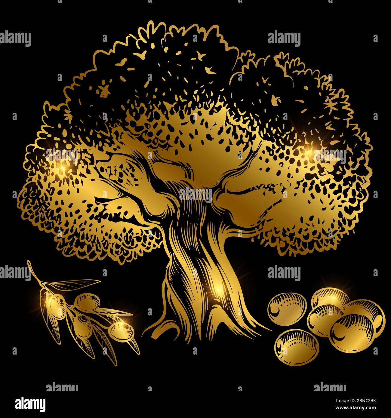 Gold Olivenbaum und Oliven mit Glanz-Effekt auf schwarz isoliert. Vektorgrafik Stock Vektor