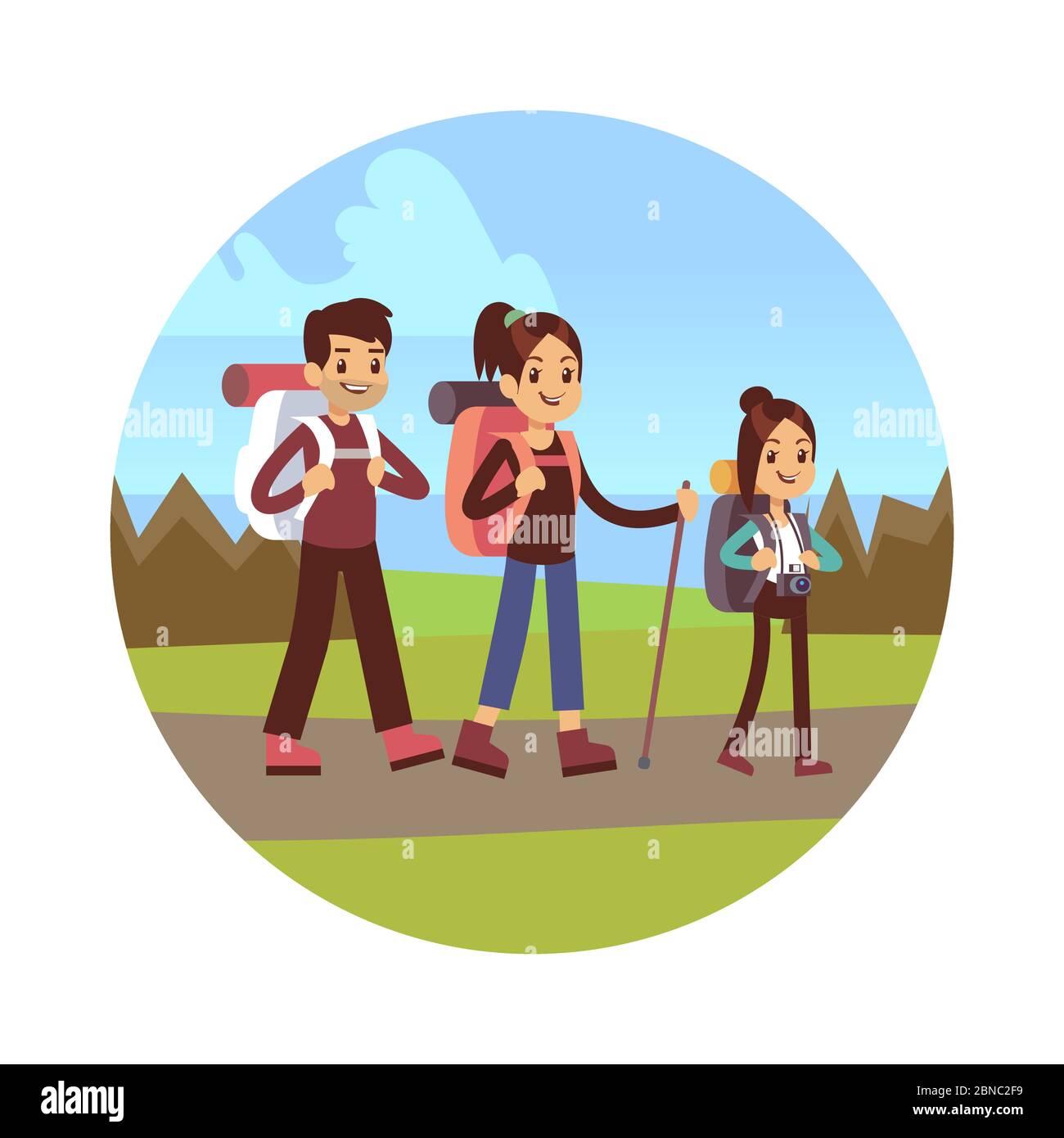 Glückliche Familie Wandern Vektor Illustration. Mama, Papa und Tochter gehen im Herbst campen Stock Vektor