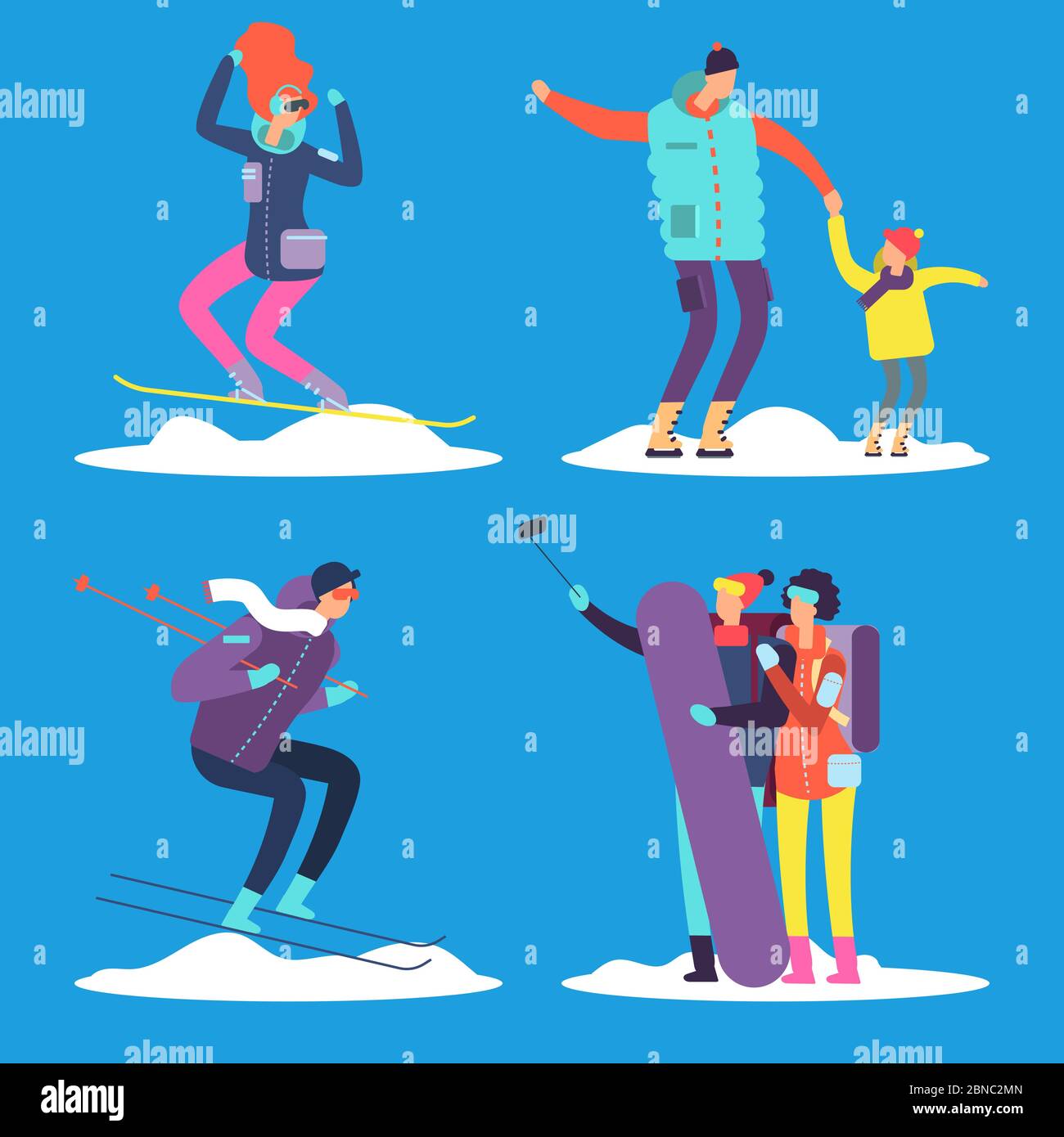 Menschen, Erwachsene und Kinder Snowboarden und Skifahren im Freien. Vektorgrafik isoliert auf blau Stock Vektor