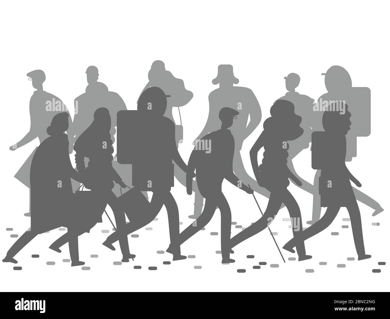 Menschen Silhouetten zu Fuß auf der Winter- oder Herbststraße. Graue Menschen gehen Silhouetten isoliert auf weißem Hintergrund. Vektorgrafik Stock Vektor