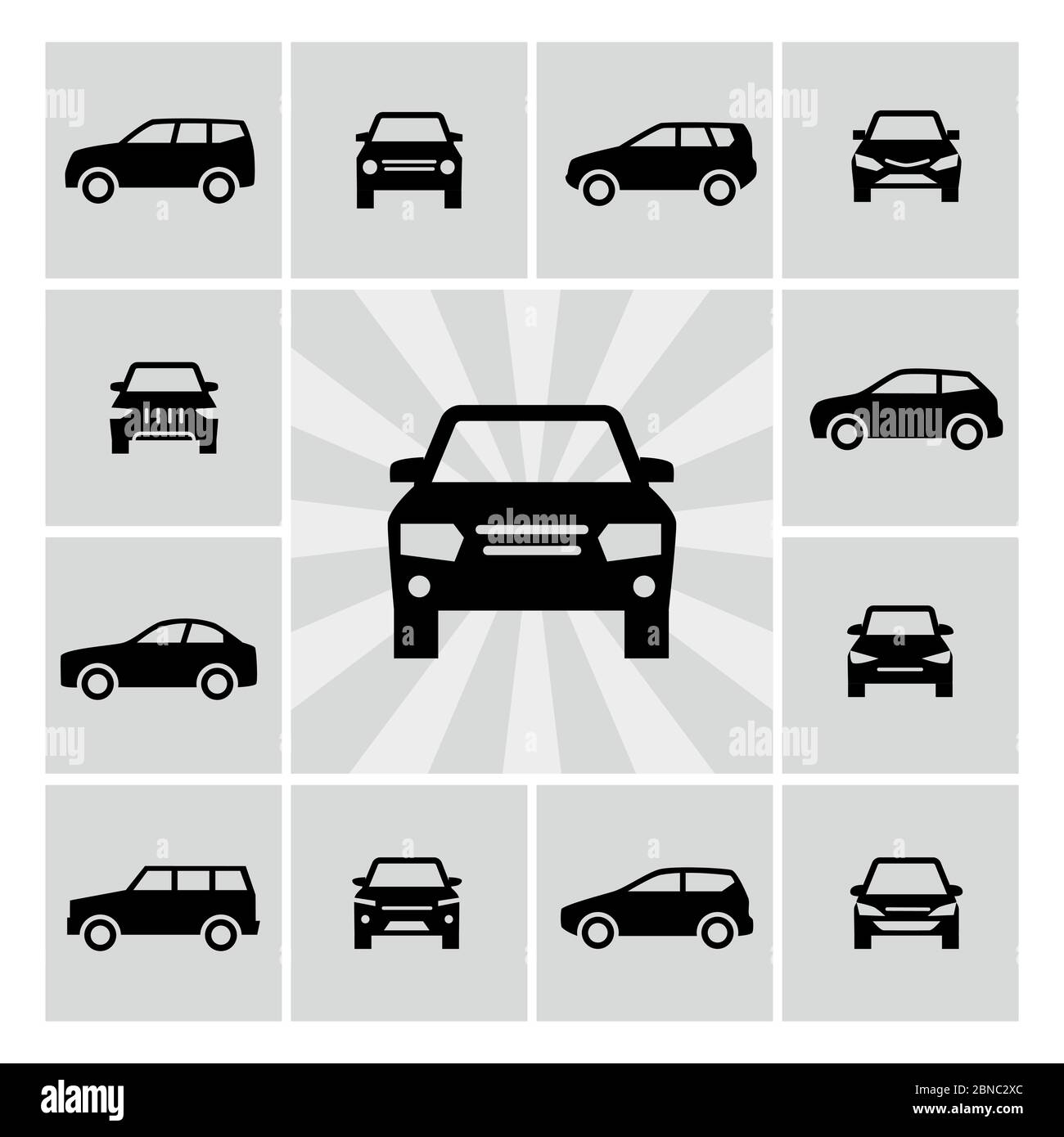 Seite und Vorderansicht Auto Silhouetten Vektor-Symbole des Satzes Stock Vektor