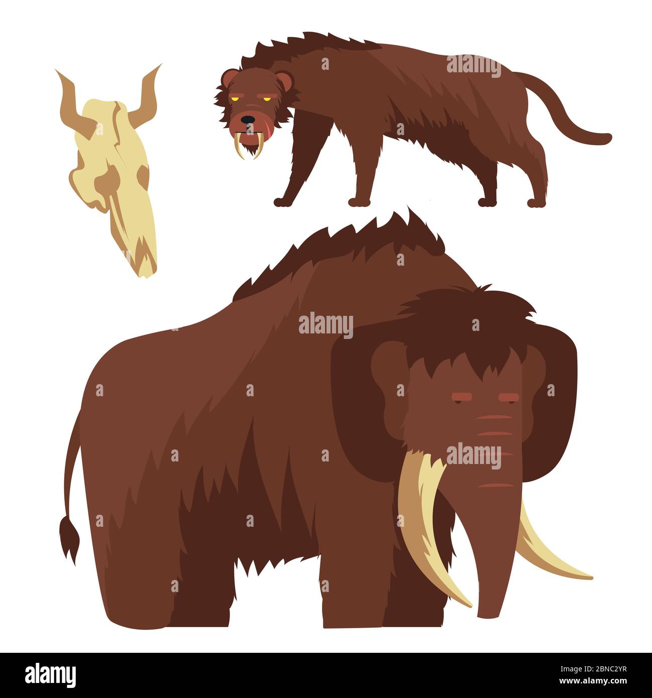 Steinzeit Tiere. Mammut und Säbelzahntiger Vektor-Illustration isoliert auf weißem Hintergrund Stock Vektor
