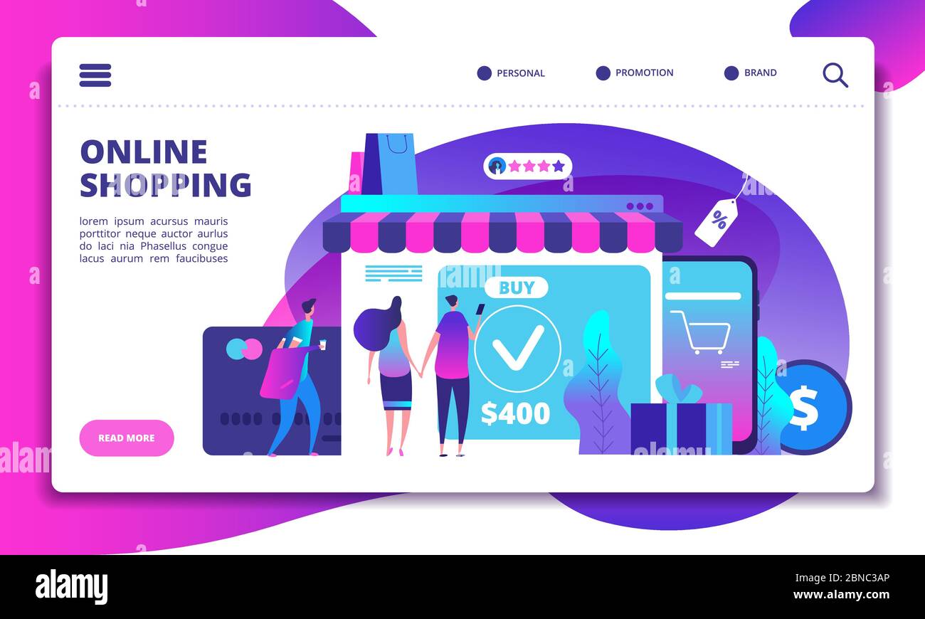 Online-Shopping-Konzept. Moderne Zahlungstechnik mit Handy im Online-Shop. Website-Design von Internet-Shop. Illustration von Online-Shopping, Store und Shop App Stock Vektor