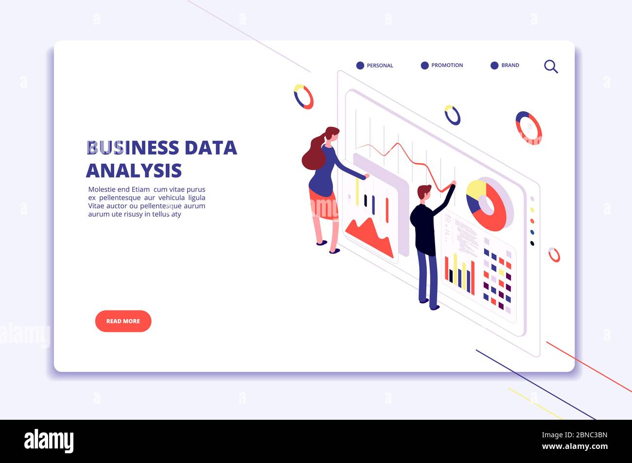Datenanalyse. Die Mitarbeiter arbeiten an den Unternehmensfinanzdiagrammen. Statistische Überwachung. Big Data isometrisches Vektorkonzept. Abbildung der Business-Daten-Analyse 3d isometrisch Stock Vektor