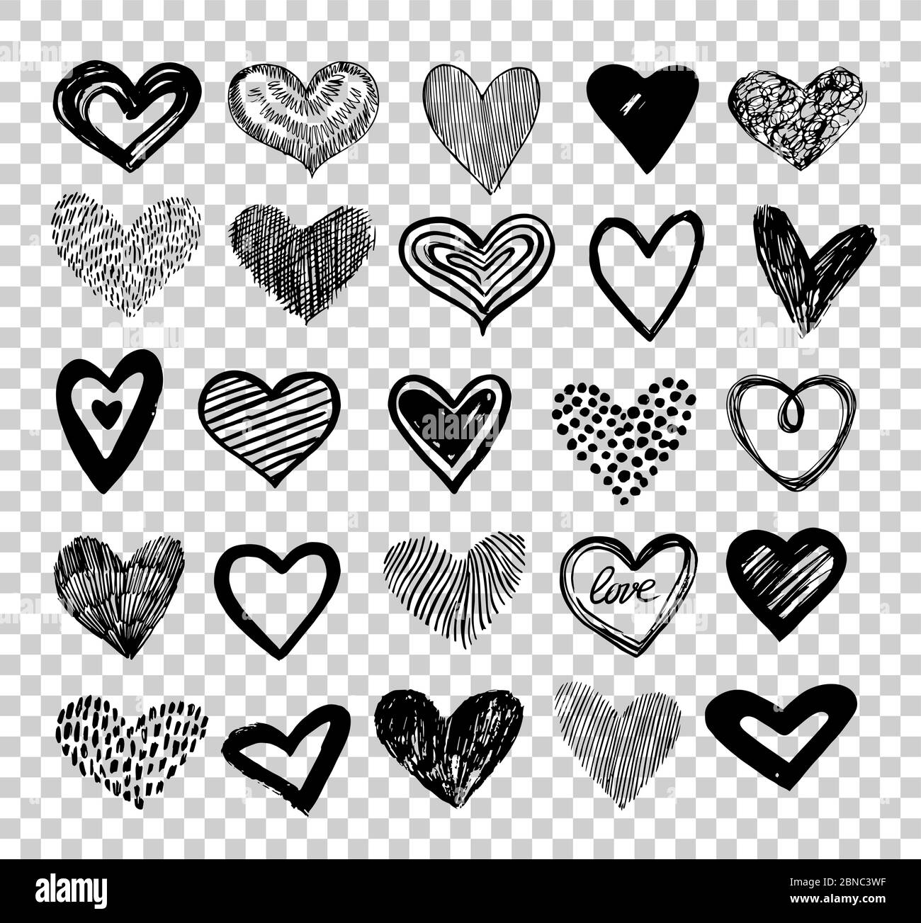 Doodle Hearts. Handgezeichnete Liebe Herz Symbole. Skizze valentine Grunge Herzen Vektor-Elemente isoliert auf transparentem Hintergrund. Schwarzes Herz skizzenhaft für valentine dat Illustration Stock Vektor