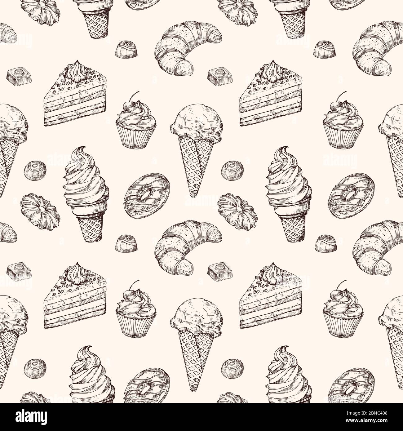 Skizze Dessert nahtlose Hintergrund. Kuchen Süßigkeiten Cupcake und Eis Hand gezeichnet Vektor Verpackung Textur. Illustration von Cupcake und Dessert, Süßspeisen und Schokolade Stock Vektor