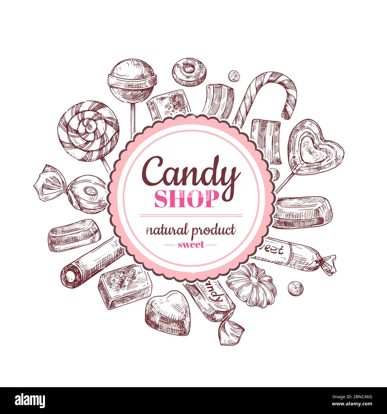 Candy Shop Hintergrund. Skizze Schokolade Süßigkeiten, Lutscher und Marmelade Süßigkeiten, handgezeichnete Vektor-Etikett. Illustration von Süßigkeiten Shop, süß und lecker Emblem Stock Vektor