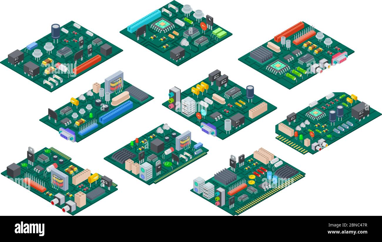 Platine isometrisch. Hauptplatine der elektronischen Computerkomponenten. Halbleiter-Mikrochip, Diode. Hardware-Vektorteile. Abbildung der elektronischen Hauptplatine und isometrischen Prozessor und Mikrochip Stock Vektor