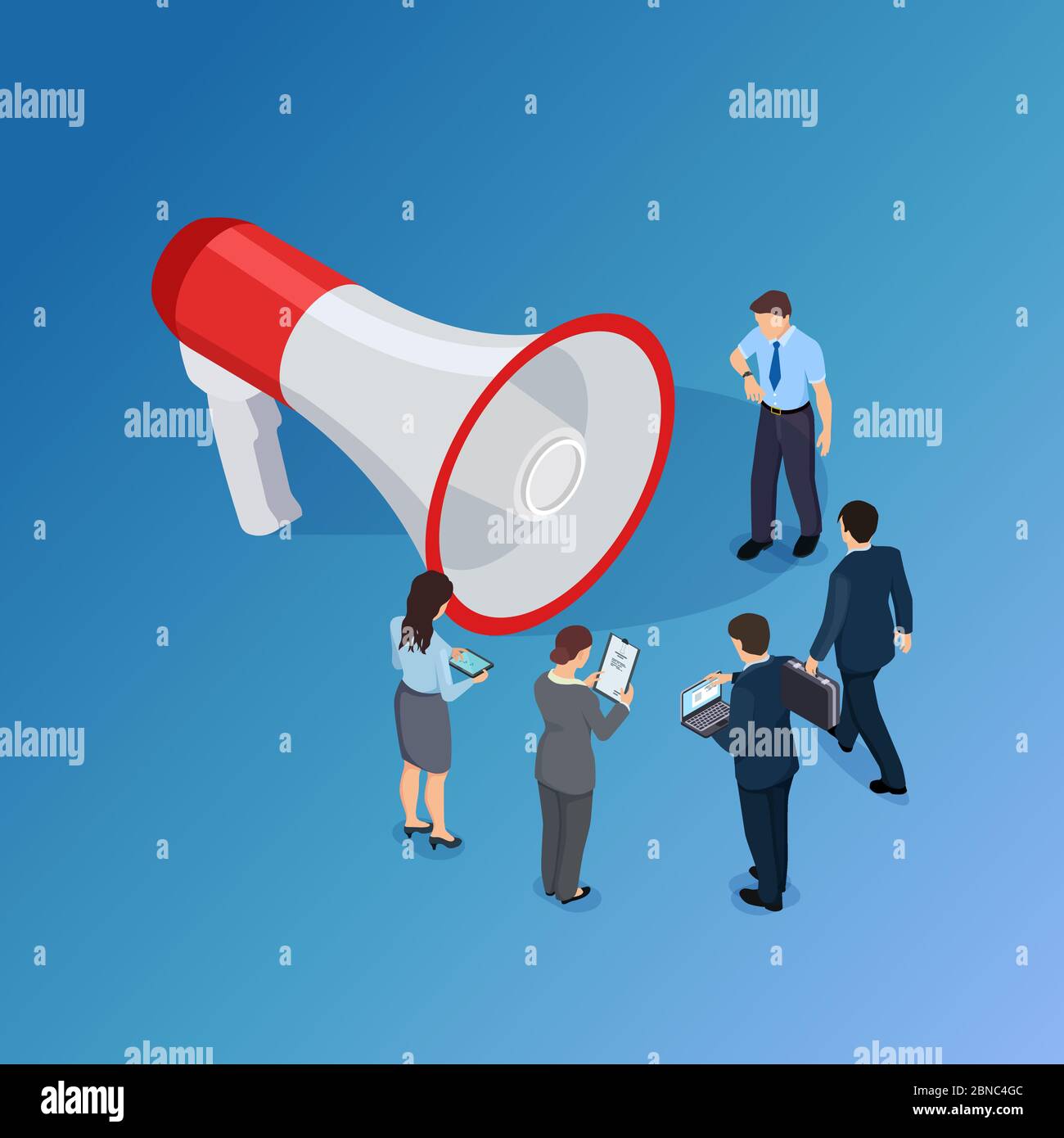 Geschäftsleute warten auf die Ankündigung isometrischen Vektor-Konzept. Frauen, Männer und 3d-Megaphon-Illustration. Megaphon und Menschen, Ansage Förderung aus Lautsprecher Stock Vektor