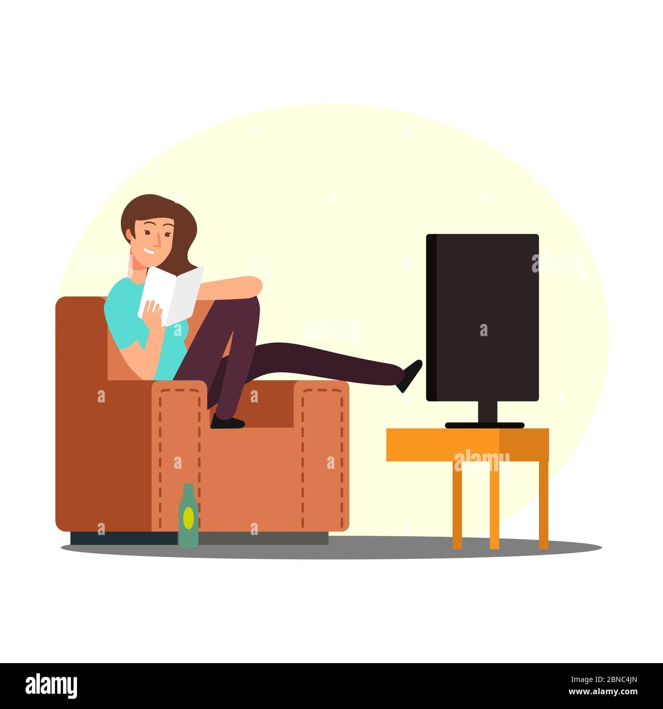 Cartoon Frau ruhen auf Stuhl mit Buch, tv und Bierflasche Vektor-Illustration. Frau ruhen mit Buch, Mädchen Charakter auf dem Sofa Stock Vektor