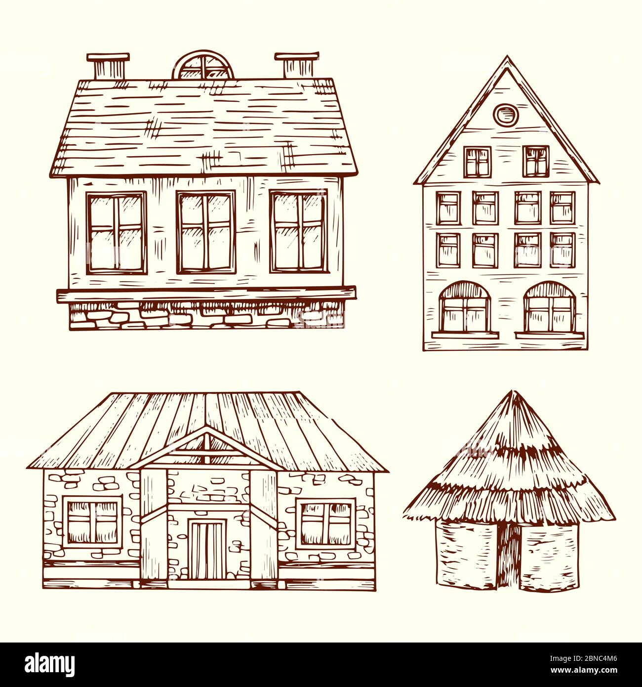 Verschiedene Stil Hand gezeichnet Häuser Vektor-Set. Haus mit Dach und Fenster, Architektur Gebäude Haus Illustration Stock Vektor
