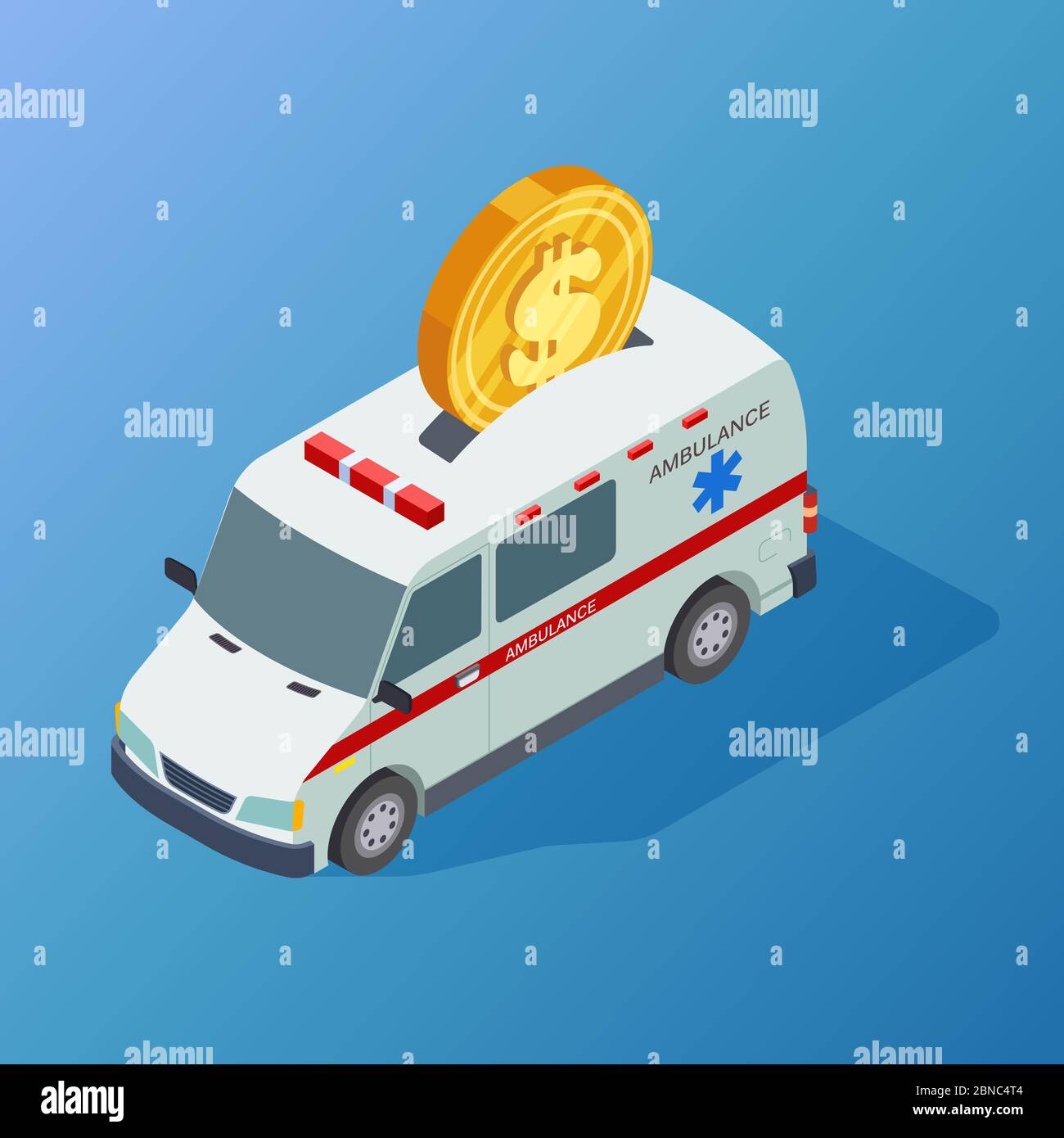 Kommerzielle Medizin Vektor-Konzept mit isometrischen Krankenwagen und Dollar-Münze illustriert Stock Vektor