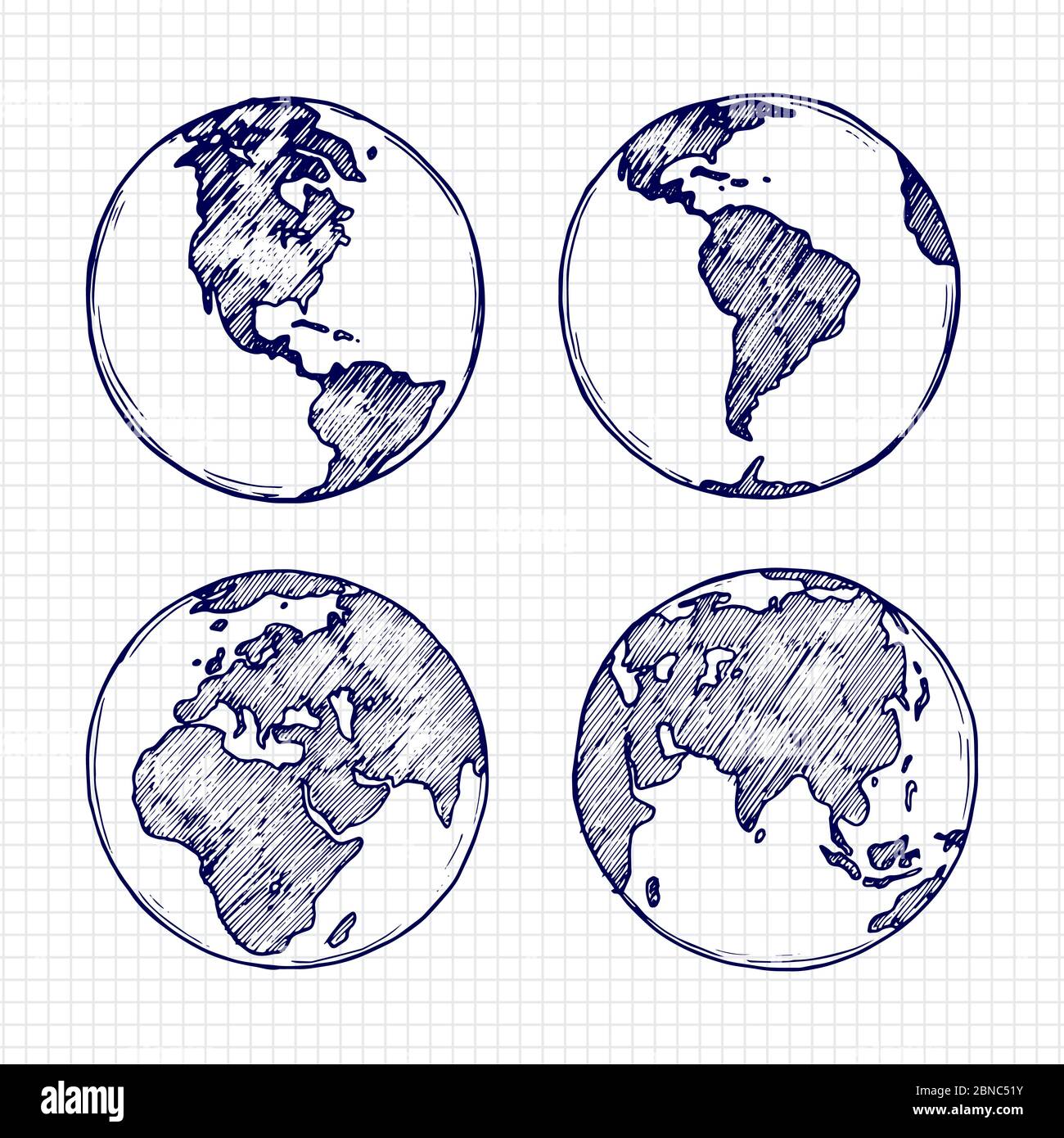 Globus Skizze. Handgezeichneter Erdplanet mit Kontinente Vektorgrafik isoliert auf weißem Hintergrund Stock Vektor