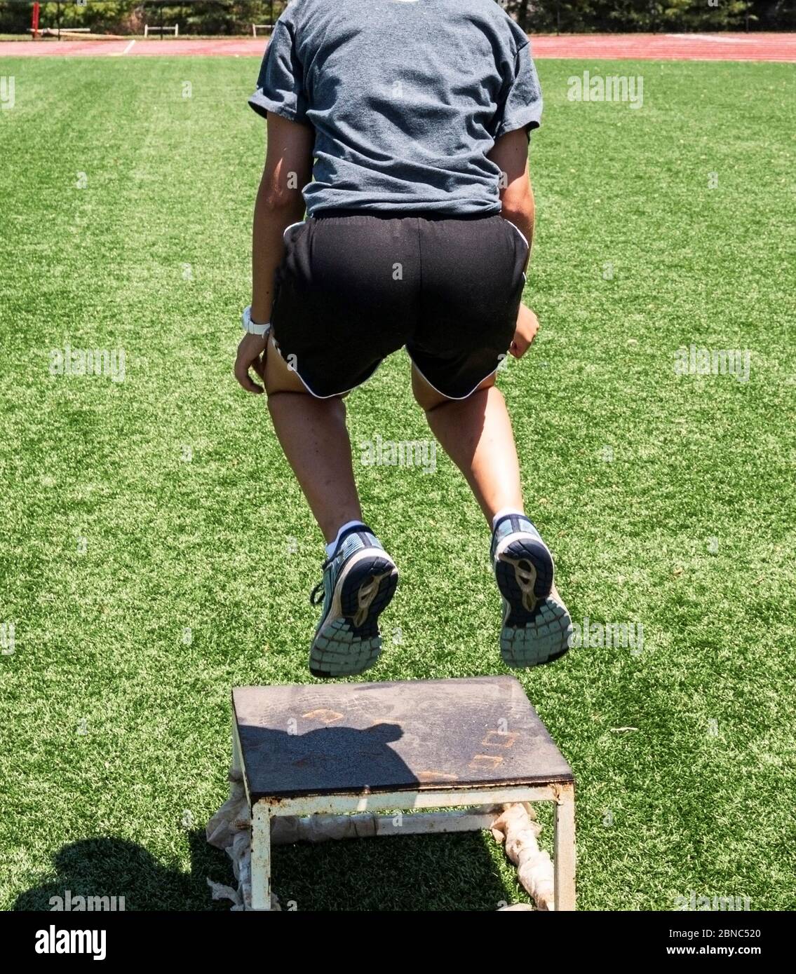 Blick auf den Rücken eines Athleten, der Boxspringer auf einem grünen Rasenfeld durchführt. Stockfoto