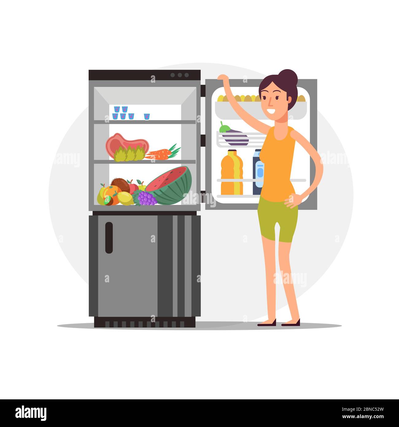 Fitness Cartoon Mädchen denken Naschen am Kühlschrank mit gesunder Nahrung. Illustration des Diätvektorkonzepts Stock Vektor