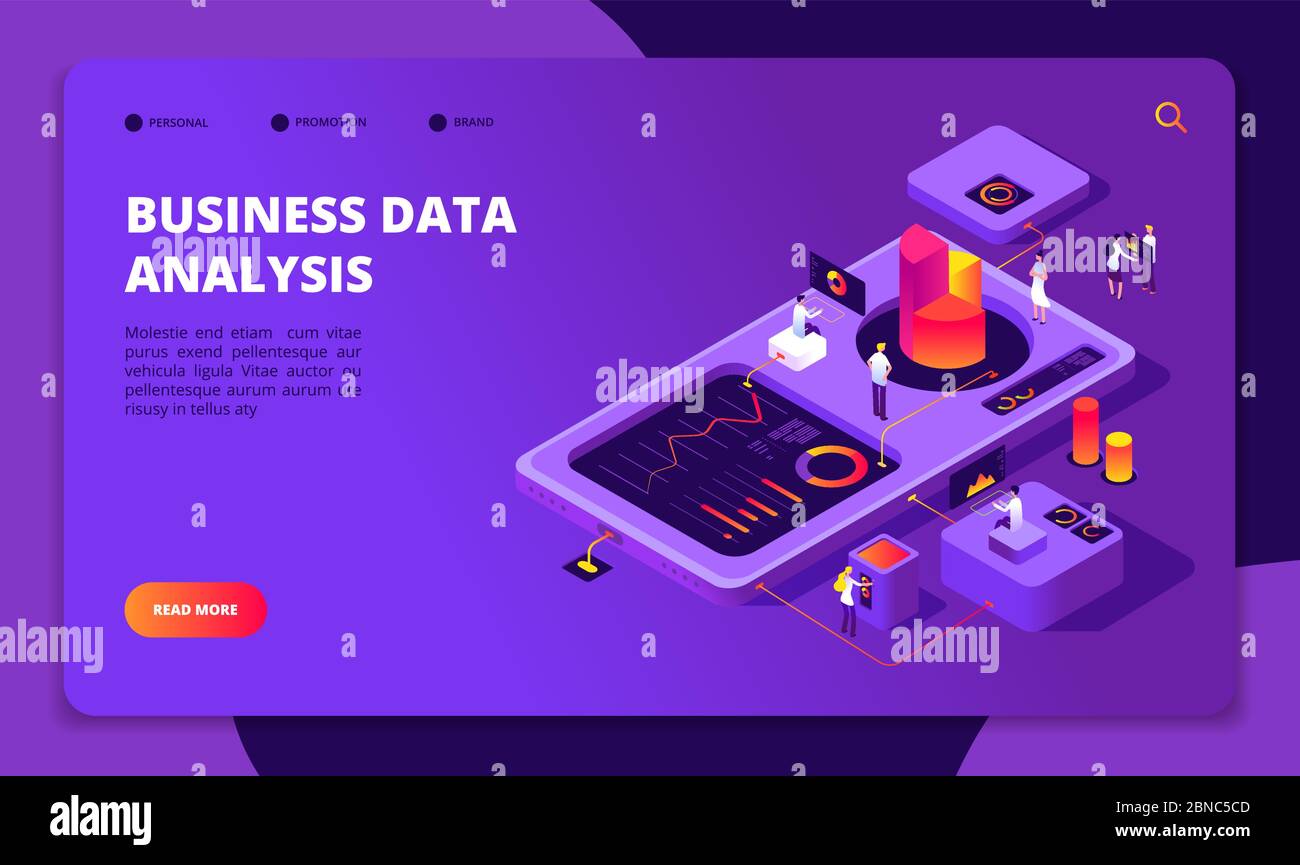 Die Mitarbeiter arbeiten im Team. Personen analysieren Finanzdiagramme am Arbeitsplatz. Ziel erreichen, moderne Business-Technologie Vektor isometrischen Konzept. Darstellung von Geschäftsisometrischen Analysedaten Stock Vektor