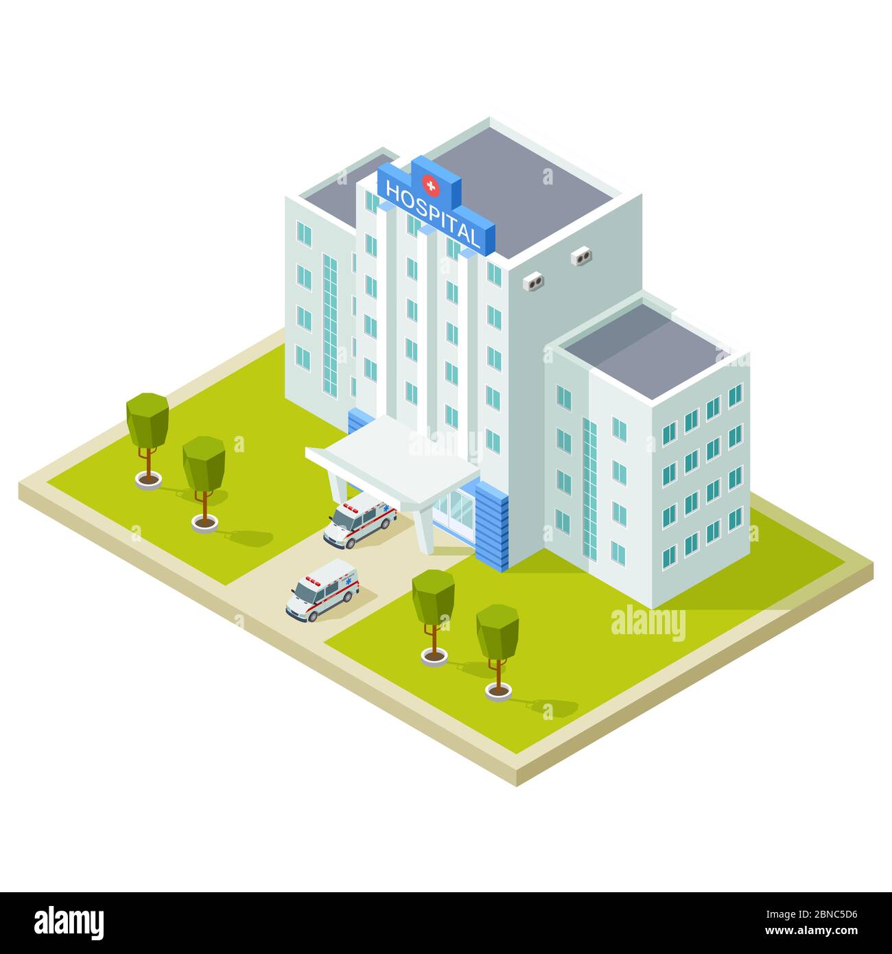 Isometrisches Krankenhausgebäude und Krankenwagen Vektor-Illustration. Isometrisches Krankenhausgebäude, Ambulanz Auto medizinisch Stock Vektor