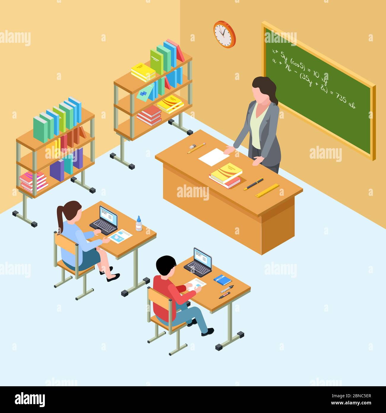Isometrisches Klassenzimmer mit Lehrer und Kinder. Vektorgrafik der High School. Isometrische Bildungsschule, Lehrer im Klassenzimmer mit Schülern Stock Vektor