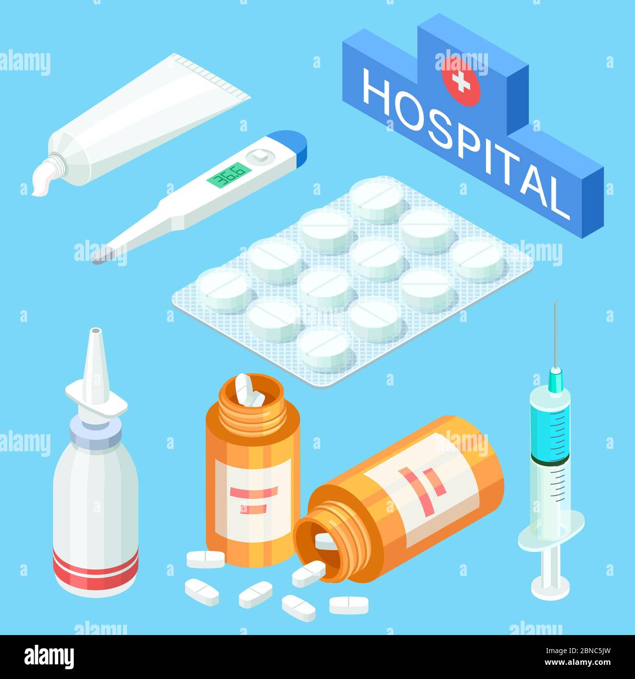 Medizinische Werkzeuge und Medikamente, Vitamine. Vektor 3d isometrische Medizin Elemente Illustration Stock Vektor