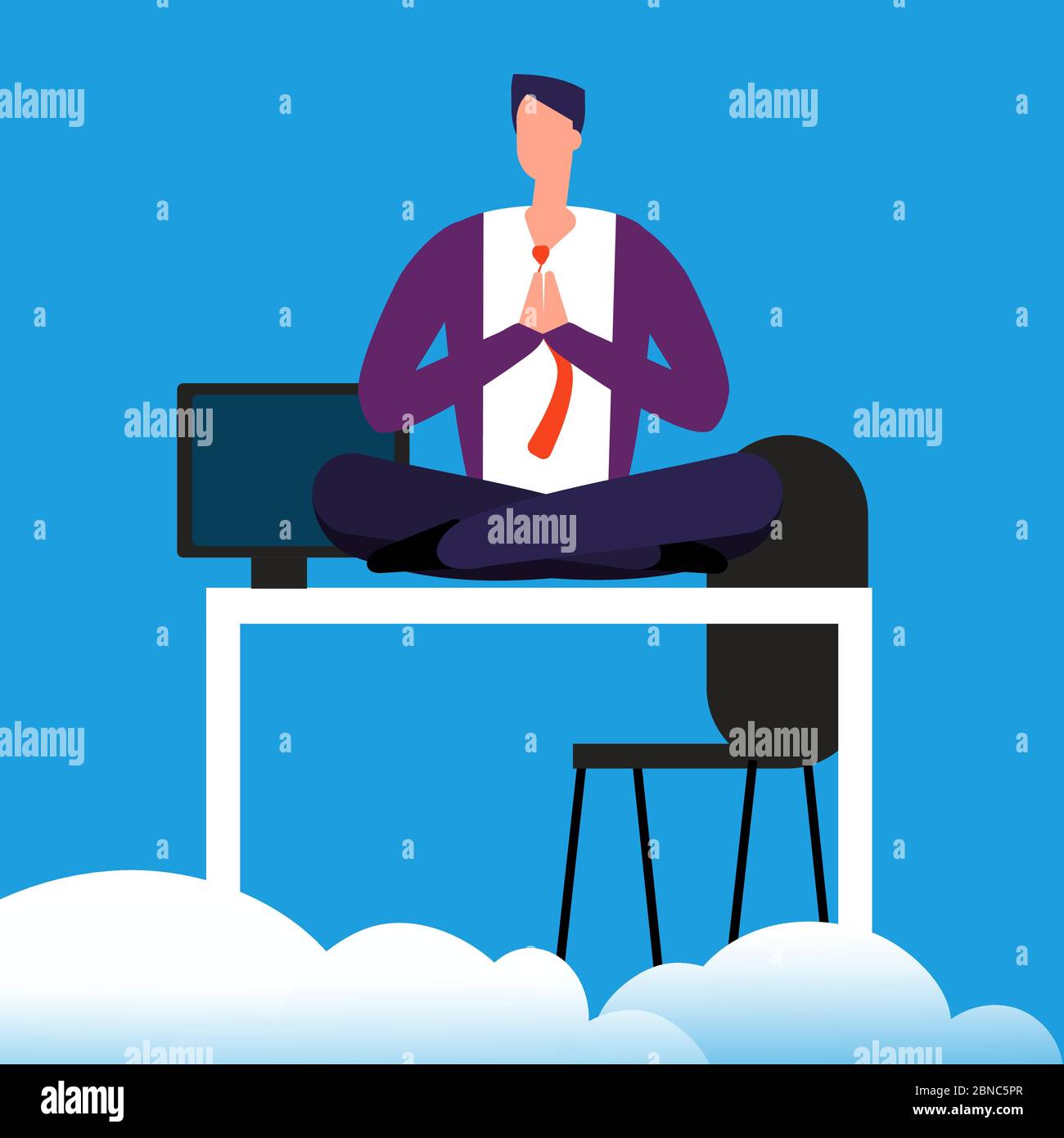 Meditationszeit bei der Arbeit. Der Mensch meditiert über die Tischvektordarstellung. Büro Entspannen Sie sich von der Arbeit Stock Vektor