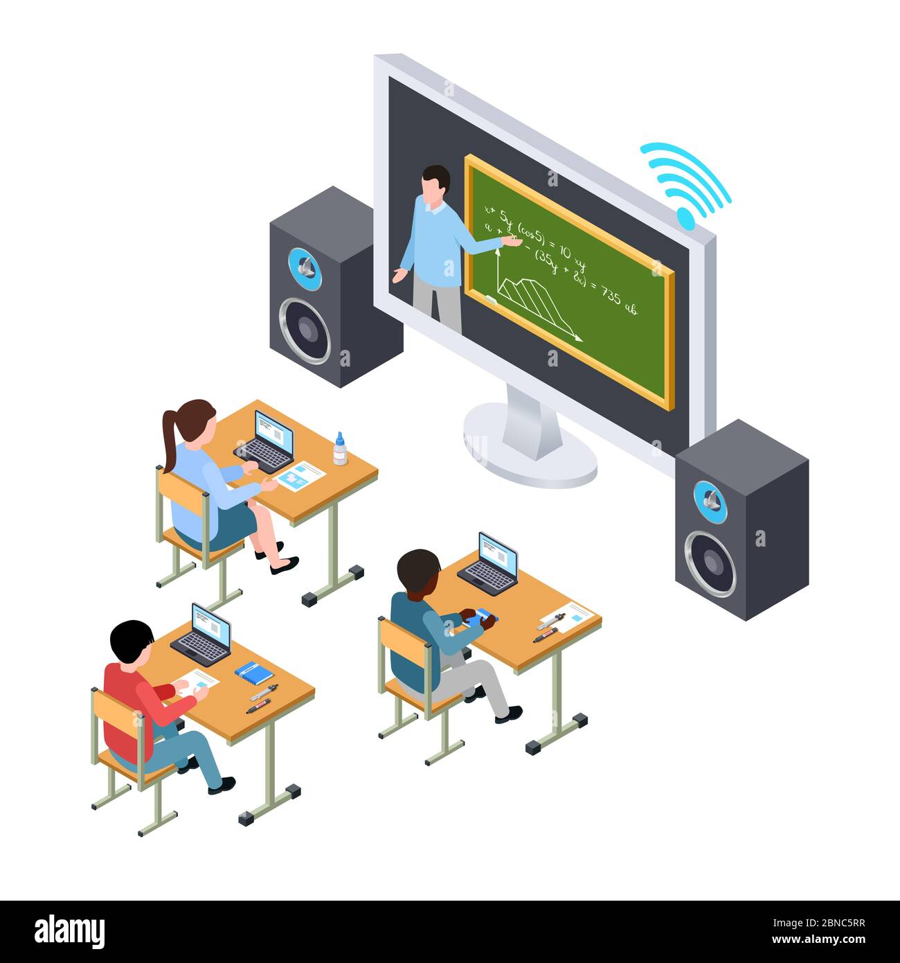 Online-Bildung Vektor-Konzept. Internationale Studenten und Lehrer auf dem Bildschirm. Illustration der Bildung mit Computer online Stock Vektor