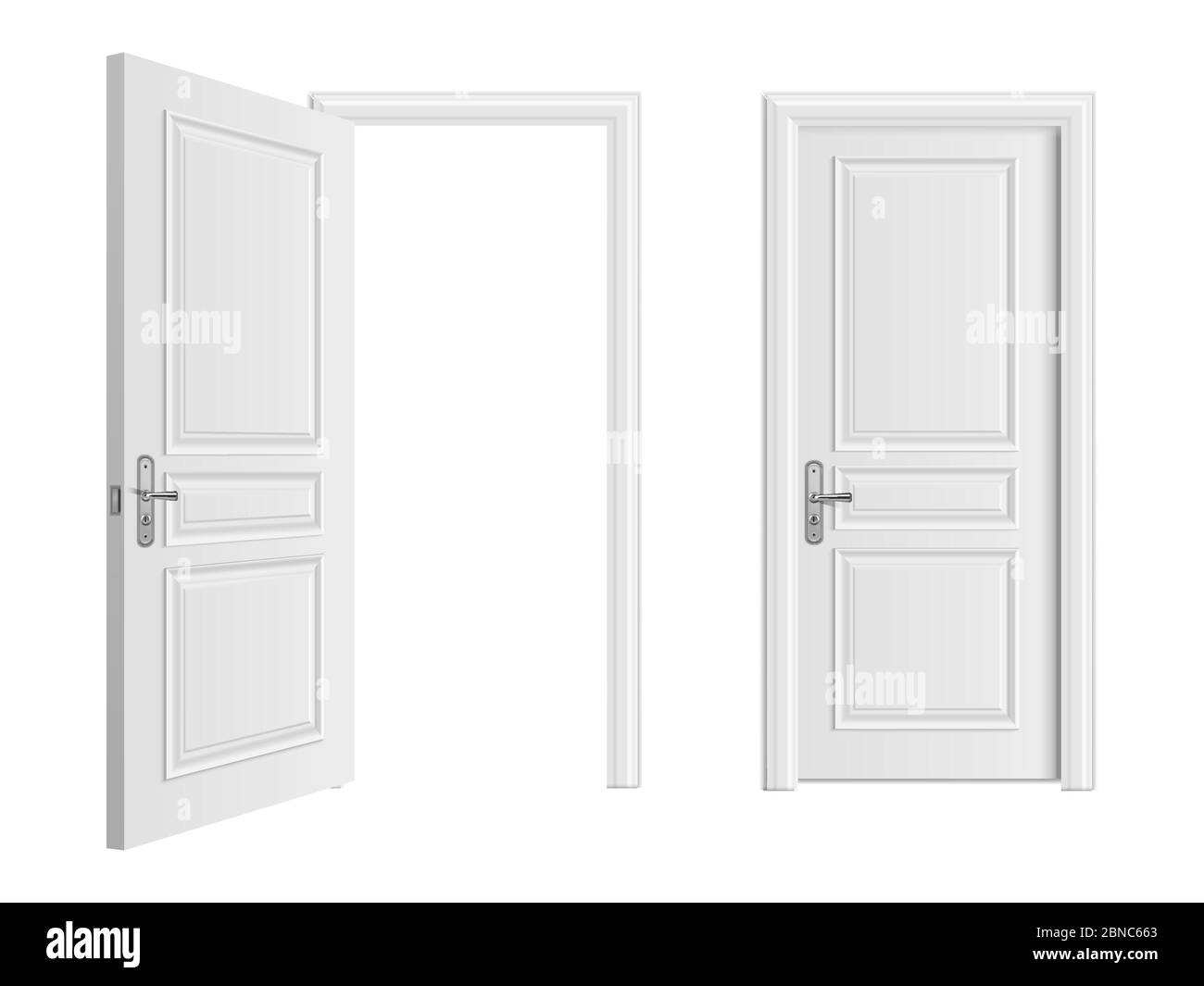 Offener und geschlossener weißer Eingang realistische Tür isoliert auf weißem Hintergrund. Tür zu Haus oder Raum, Eingang Tür geschlossen Illustration Stock Vektor