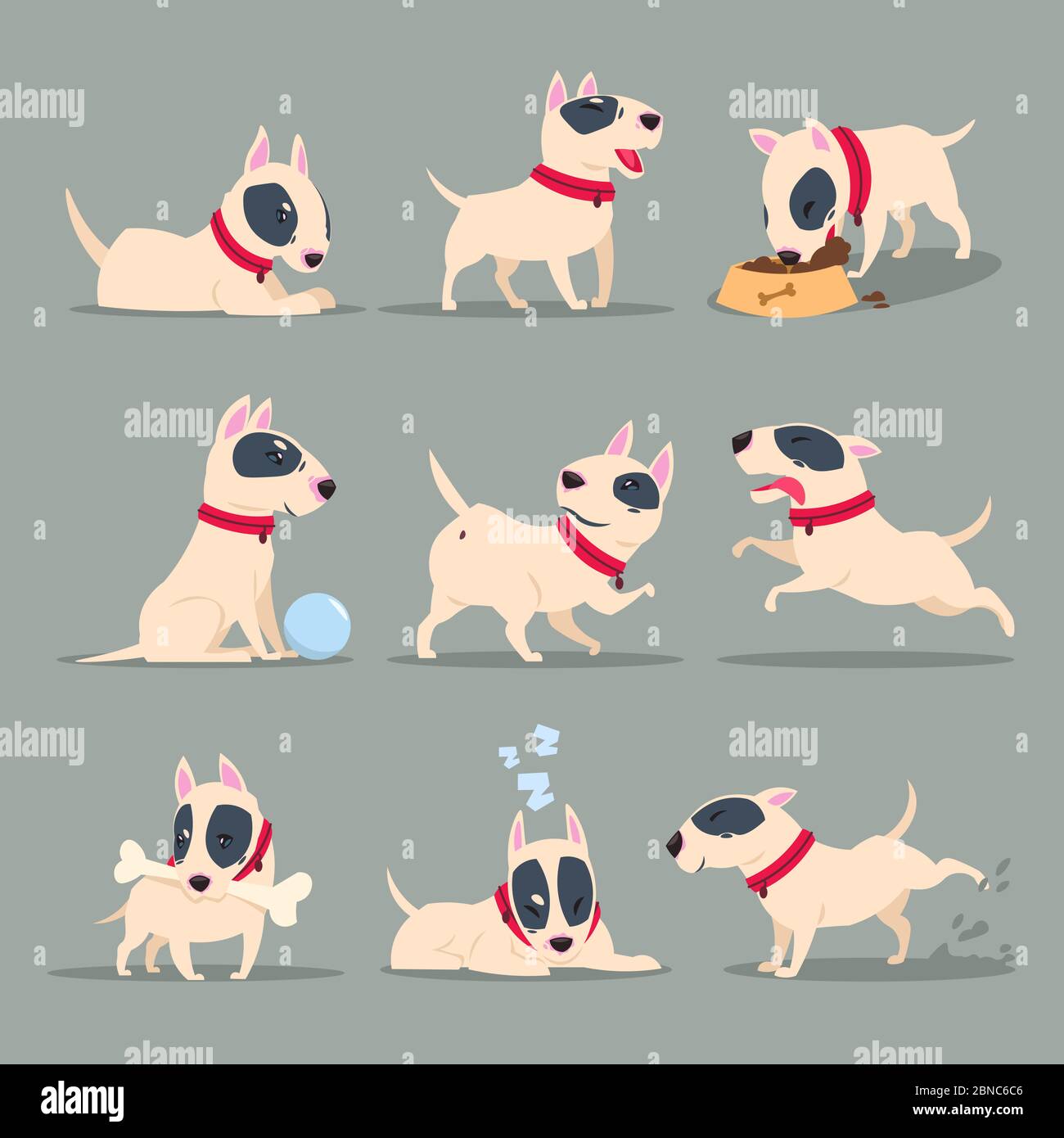 Hund im Tag Aktivität. Lustige Cartoon Welpen tägliche Routine. Niedlichen Hund Haustier Vektor-Zeichen gesetzt. Happy Dog und Haustier, tierfreundliche Illustration Stock Vektor