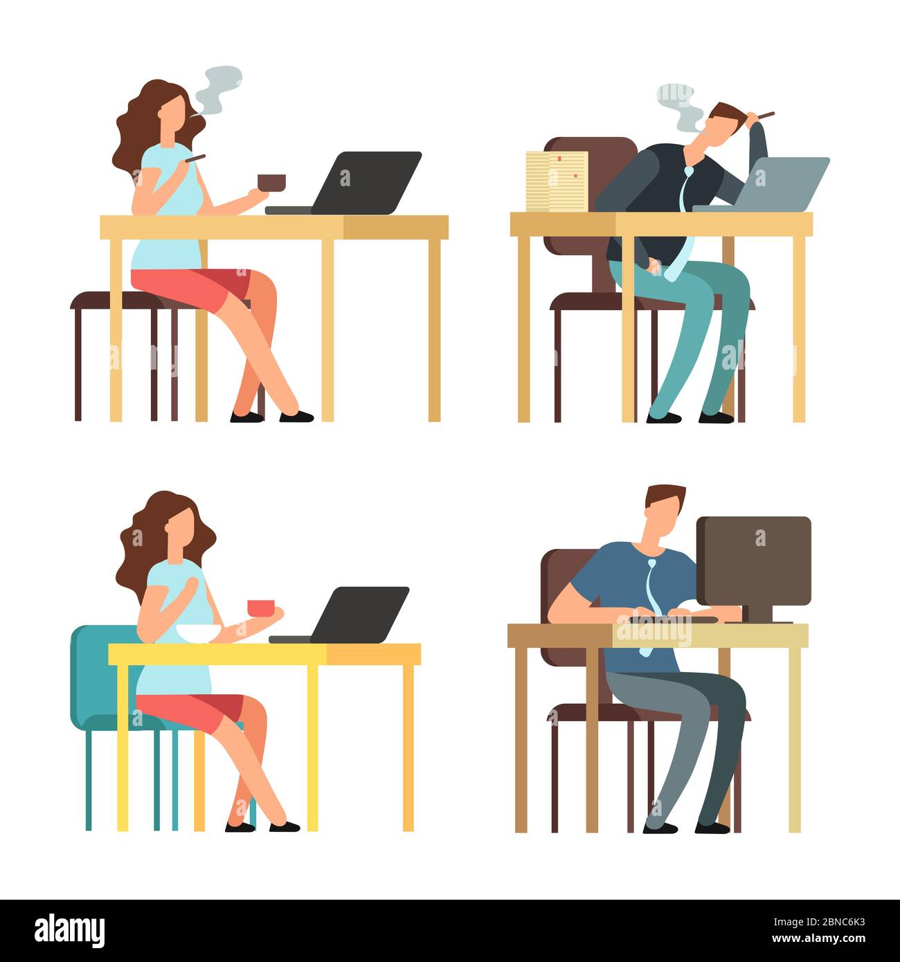 Ungesunde und gesunde Lebensweise. Raucher vs Nichtraucher-Menschen Vektor-Illustrator. Menschen Geschäft ungesund im Büro, rauchen Mann Stock Vektor