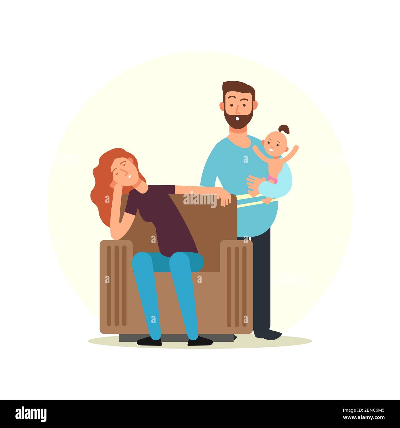Cartoon-Charakter Familie. Müde Mutter und Vater mit Tochter auf Händen Vektor-Illustration. Mutter Vater und Tochter Stock Vektor