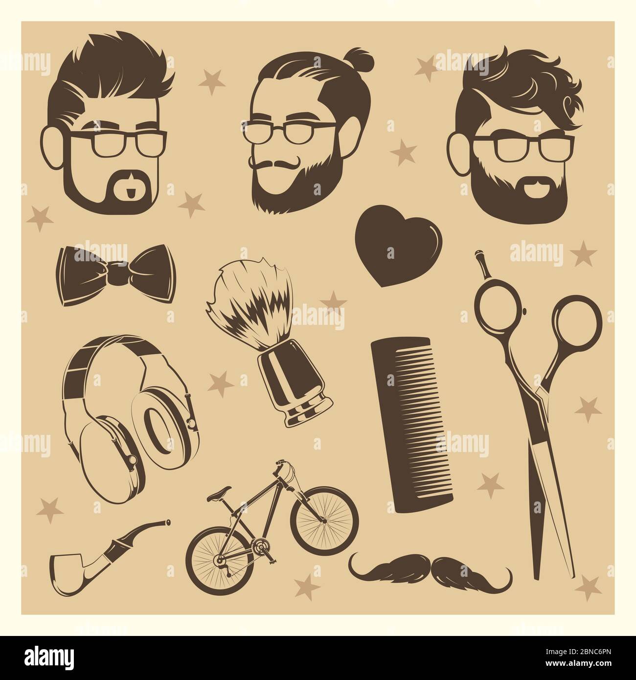 Vector Hipster Elemente Set - männliche Köpfe, Schere, Fliege, Fahrrad Illustration Stock Vektor