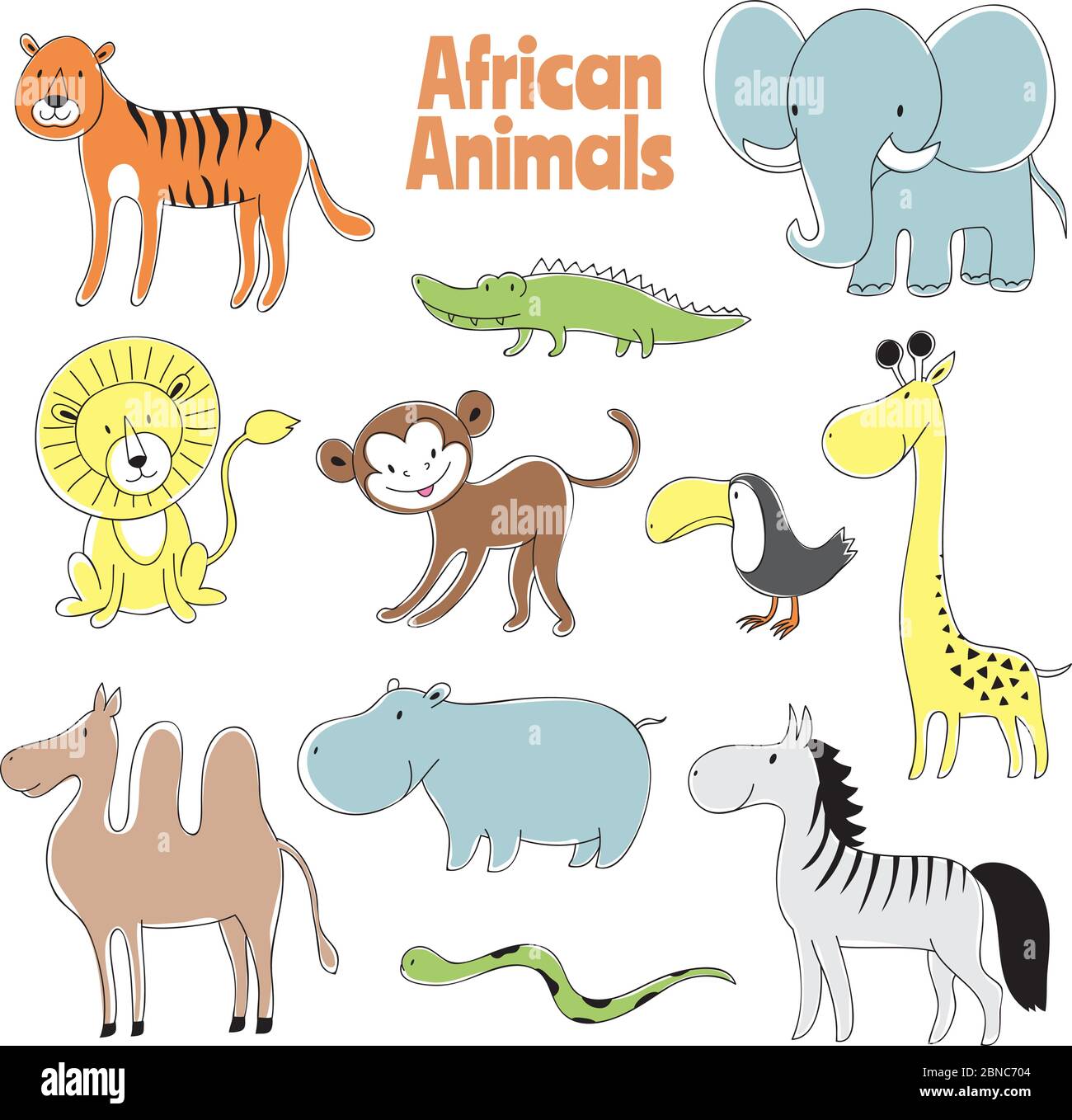 Doodle Animals. Afrikanische Baby Tier Löwe, Affe und Krokodil, Elefant und Giraffe, Zebra und Nilpferd Vektor-Zeichen. Illustration von Nilpferd und Krokodil, Alligator african, Giraffe afrika Stock Vektor