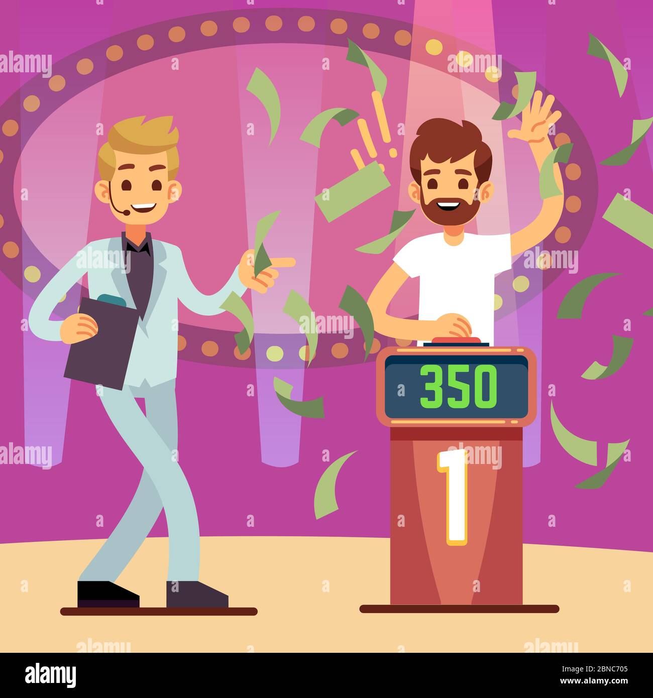 Junge glücklich Quiz-Spiel Gewinner in der Geld regen Vektor-Illustration. Fernsehshow Quest, Unterhaltung Glück Stock Vektor