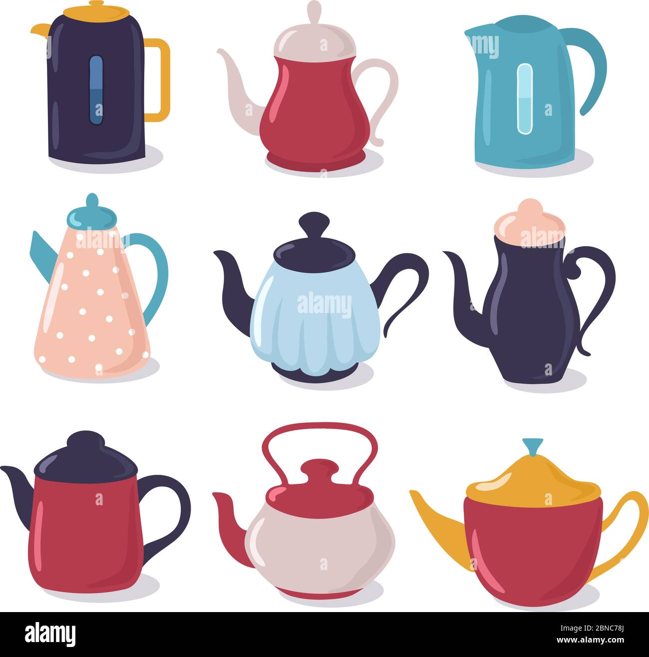 Wasserkocher mit Cartoon-Stil. Teekanne mit Auslauf Küchengeschirr, Haushaltsutensilien Vektor-Sammlung. Wasserkocher Tee, Geschirr für Heißgetränke Illustration Stock Vektor