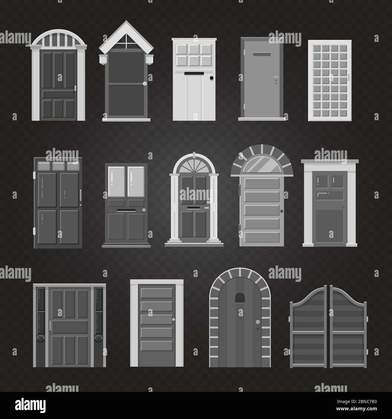 Graue Haustüren der Sammlung isoliert auf transparentem Hintergrund. Vektorgrafik Stock Vektor