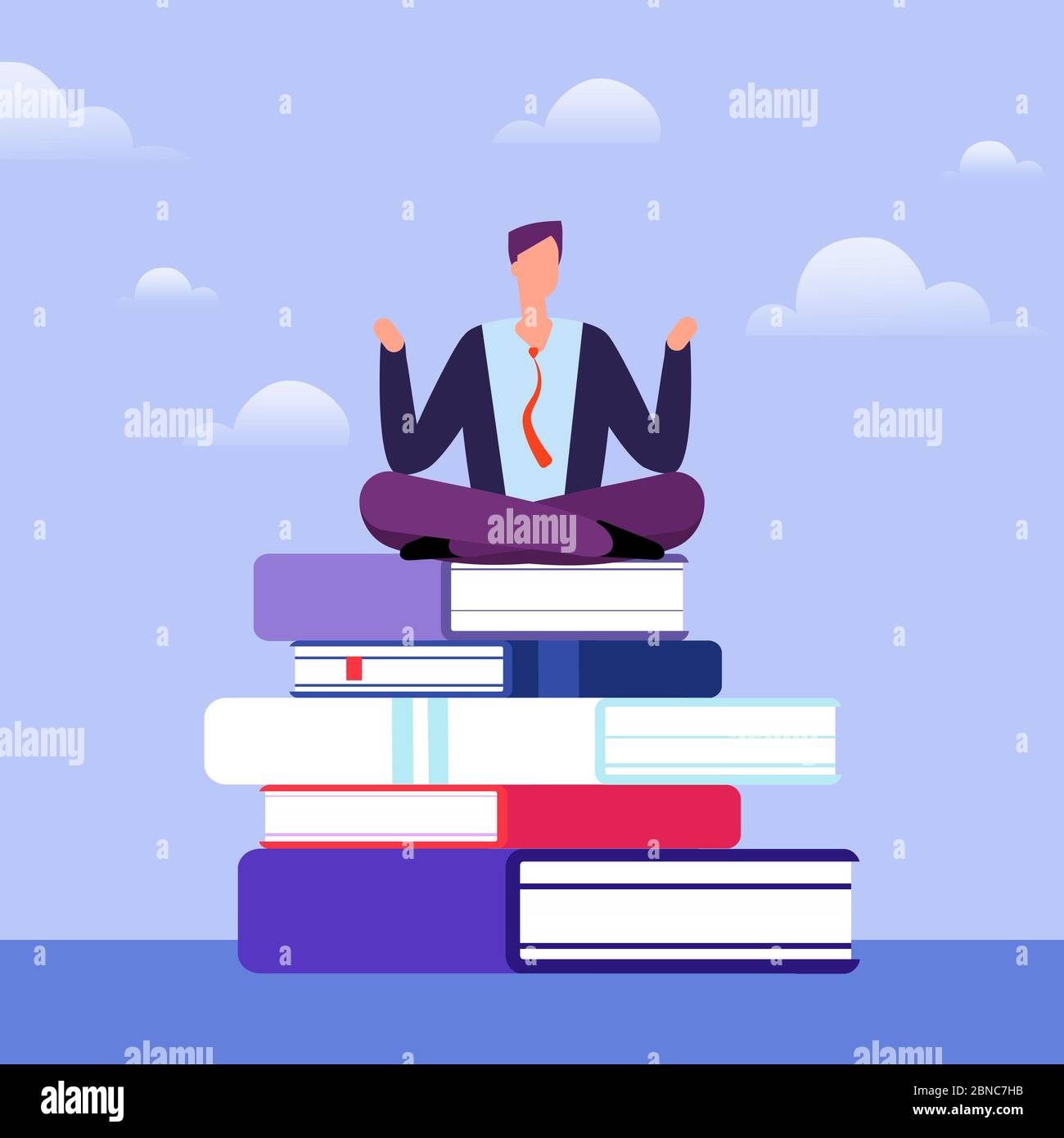 Der gebildete Mensch sitzt auf einem Stapel Bücher. Selbstbildung Vektorkonzept. Illustration der Arbeiter Kerl Bildung und Studium Stock Vektor
